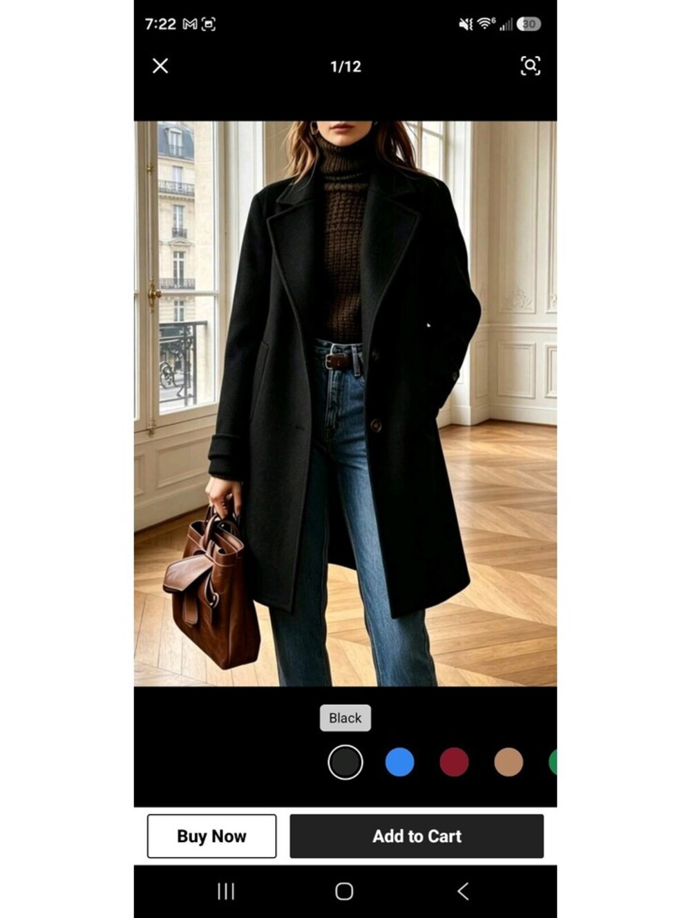 Women's Classic Black Wool Blend Long Coat with Notch Lapel